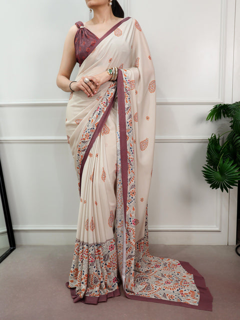 Brown Printed Satin Crepe Saree ClothsVilla Main image