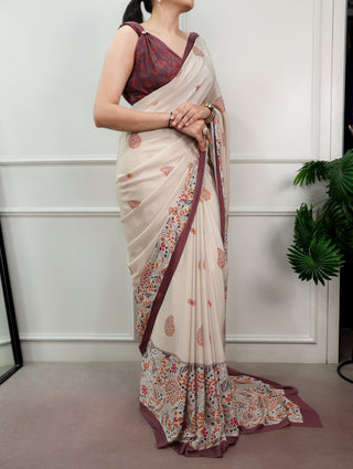 Brown Printed Satin Crepe Saree ClothsVilla