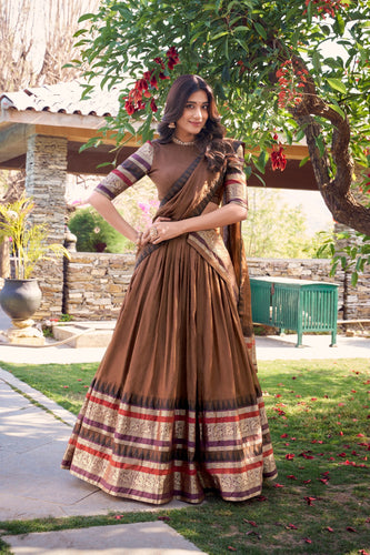 Brown Pure Chanderi Elegance Stitched Lehenga Set with Zari Weaving – 3-Piece Ensemble ClothsVilla