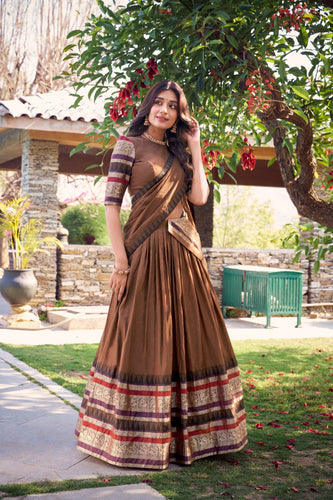 Brown Pure Chanderi Elegance Stitched Lehenga Set with Zari Weaving – 3-Piece Ensemble ClothsVilla