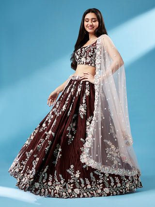 Brown - Pure Georgette Thread & Sequins Work Semi-Stitched Lehenga Clothsvilla