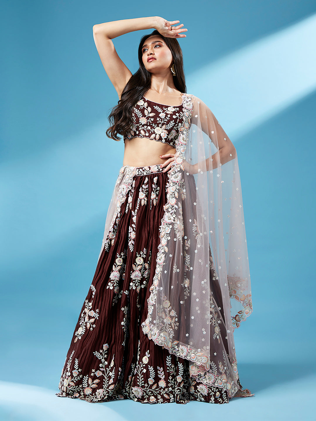 Brown - Pure Georgette Thread & Sequins Work Semi-Stitched Lehenga Clothsvilla