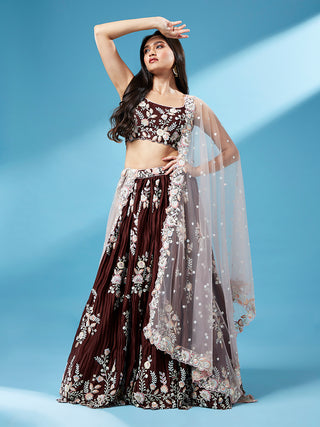 Brown - Pure Georgette Thread & Sequins Work Semi-Stitched Lehenga Clothsvilla