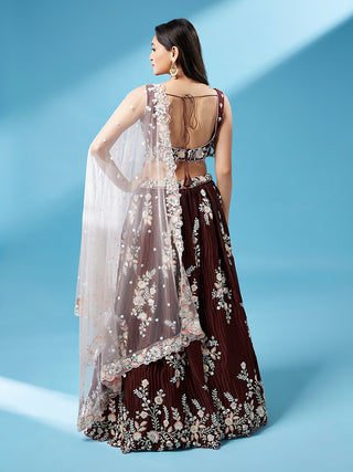 Brown - Pure Georgette Thread & Sequins Work Semi-Stitched Lehenga Clothsvilla