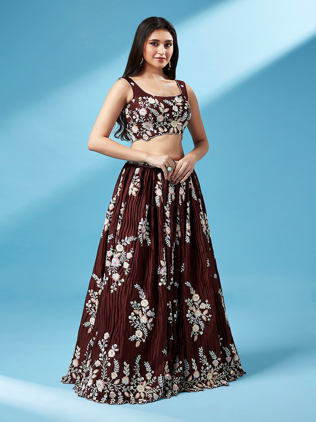 Brown - Pure Georgette Thread & Sequins Work Semi-Stitched Lehenga Clothsvilla