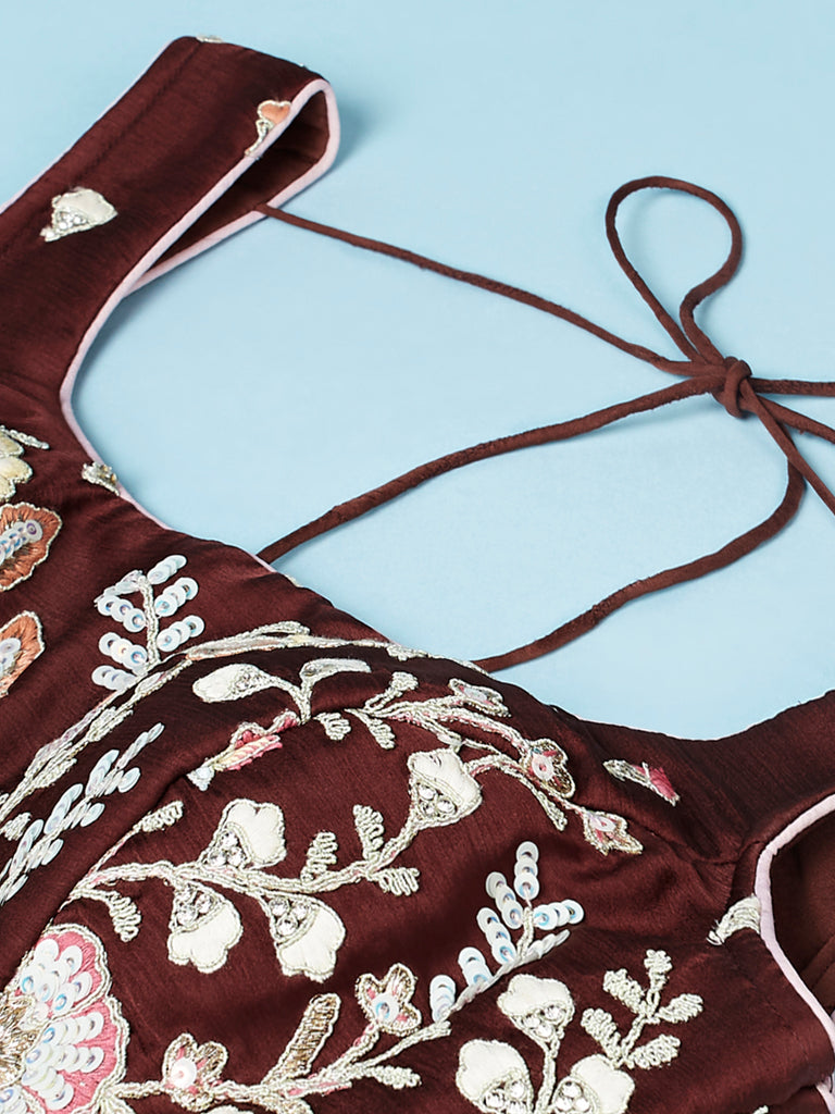 Brown - Pure Georgette Thread & Sequins Work Semi-Stitched Lehenga Clothsvilla