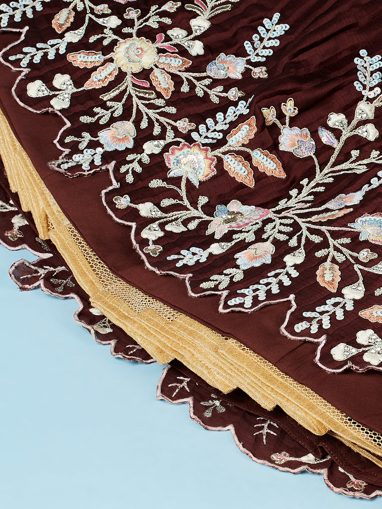 Brown - Pure Georgette Thread & Sequins Work Semi-Stitched Lehenga Clothsvilla