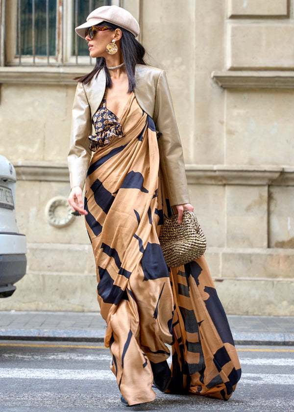 Brown Queen Digital Printed Satin Crepe Saree with Blouse Piece – Festive & Partywear ClothsVilla
