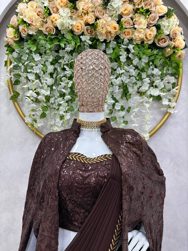 Brown Ready-to-Wear Faux Georgette Lehenga Saree Set with Embroidered Choli & Stylish Shrug ClothsVilla