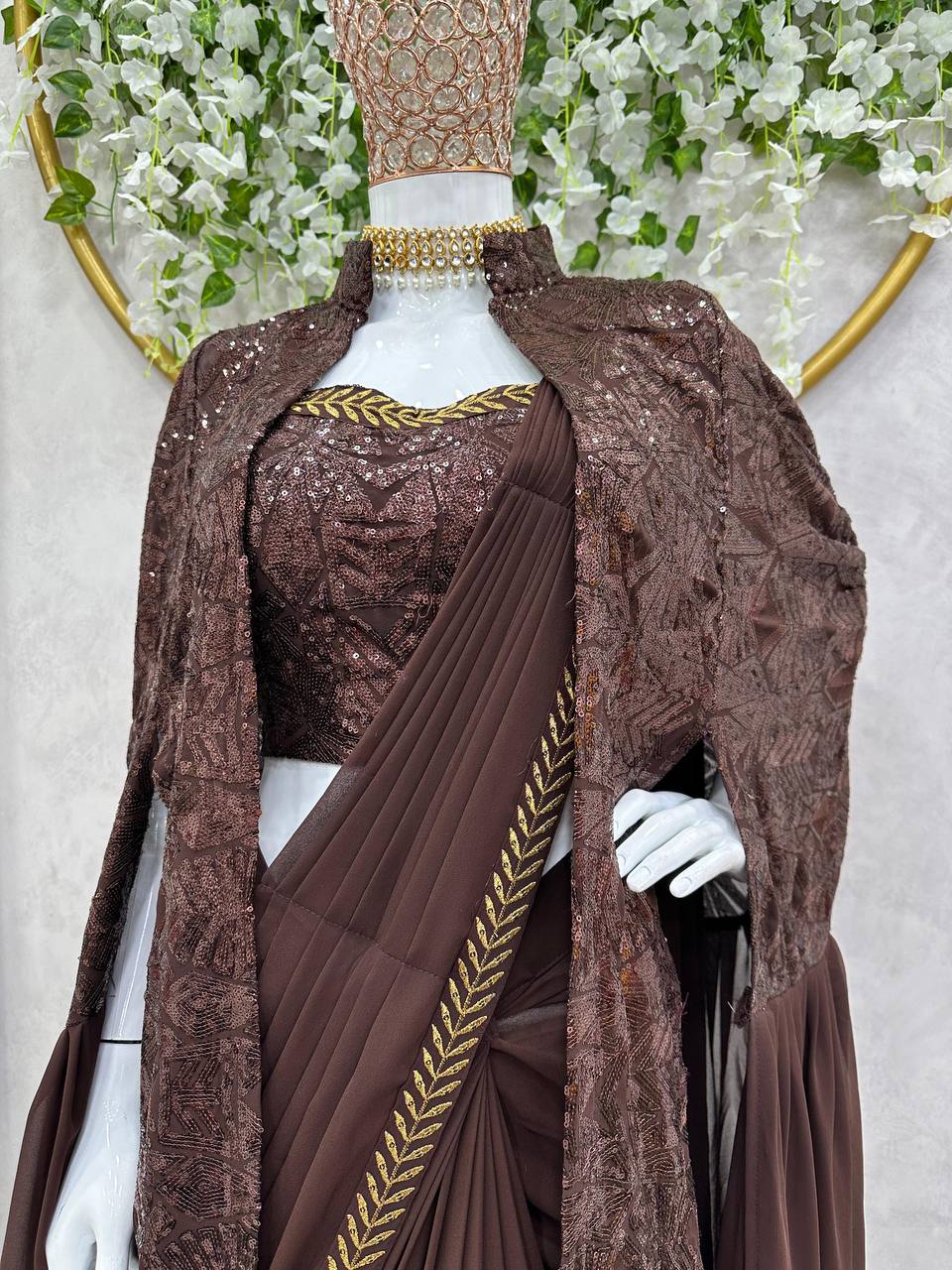 Brown Ready-to-Wear Faux Georgette Lehenga Saree Set with Embroidered Choli & Stylish Shrug ClothsVilla