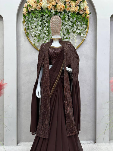 Brown Ready-to-Wear Faux Georgette Lehenga Saree Set with Embroidered Choli & Stylish Shrug ClothsVilla