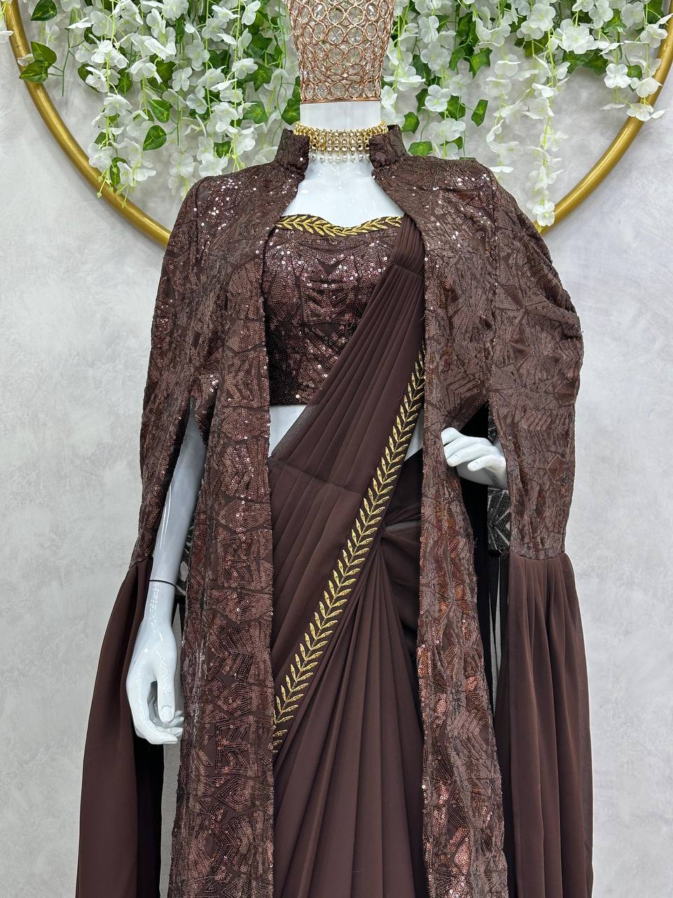 Brown Ready-to-Wear Faux Georgette Lehenga Saree Set with Embroidered Choli & Stylish Shrug ClothsVilla