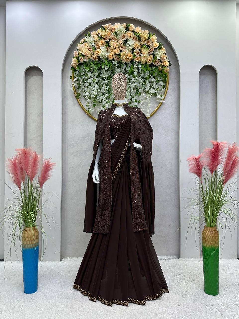 Brown Ready-to-Wear Faux Georgette Lehenga Saree Set with Embroidered Choli & Stylish Shrug ClothsVilla