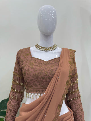 Brown Ready-to-Wear Faux Georgette Lehenga Saree Set with Embroidered Choli – Trendy & Elegant ClothsVilla