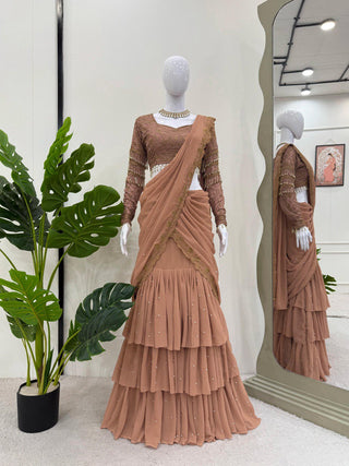 Brown Ready-to-Wear Faux Georgette Lehenga Saree Set with Embroidered Choli – Trendy & Elegant ClothsVilla