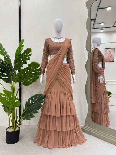 Brown Ready-to-Wear Faux Georgette Lehenga Saree Set with Embroidered Choli – Trendy & Elegant ClothsVilla