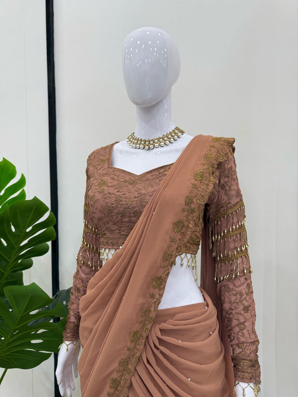 Brown Ready-to-Wear Faux Georgette Lehenga Saree Set with Embroidered Choli – Trendy & Elegant ClothsVilla
