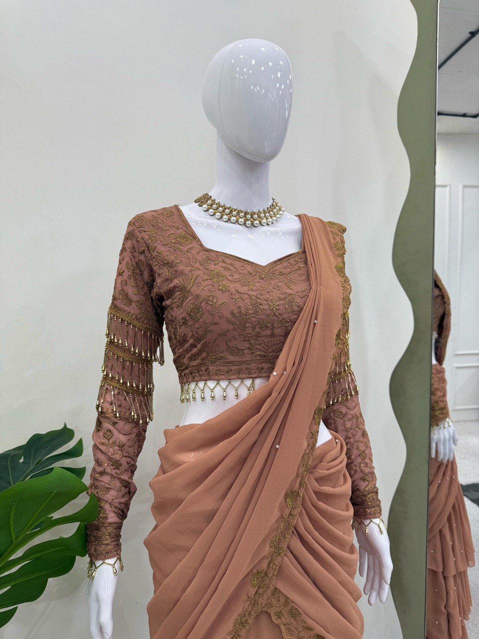 Brown Ready-to-Wear Faux Georgette Lehenga Saree Set with Embroidered Choli – Trendy & Elegant ClothsVilla
