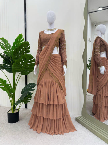 Brown Ready-to-Wear Faux Georgette Lehenga Saree Set with Embroidered Choli – Trendy & Elegant ClothsVilla