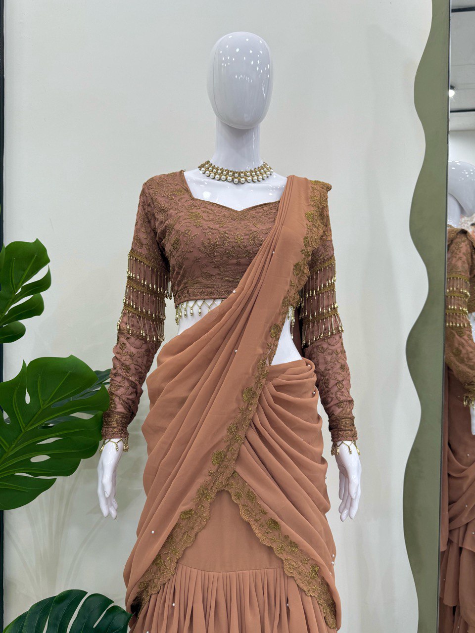 Brown Ready-to-Wear Faux Georgette Lehenga Saree Set with Embroidered Choli – Trendy & Elegant ClothsVilla