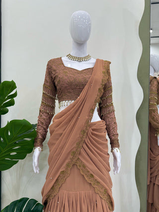 Brown Ready-to-Wear Faux Georgette Lehenga Saree Set with Embroidered Choli – Trendy & Elegant ClothsVilla