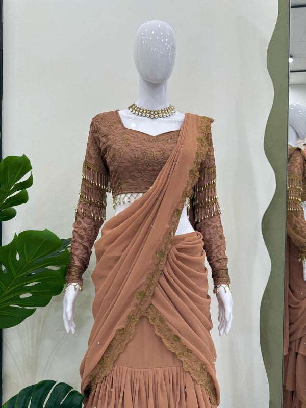 Brown Ready-to-Wear Faux Georgette Lehenga Saree Set with Embroidered Choli – Trendy & Elegant ClothsVilla