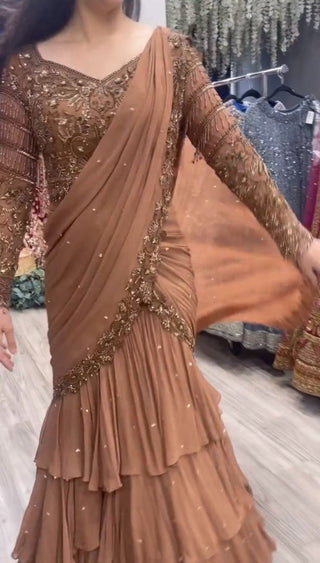 Brown Ready-to-Wear Faux Georgette Lehenga Saree Set with Embroidered Choli – Trendy & Elegant ClothsVilla