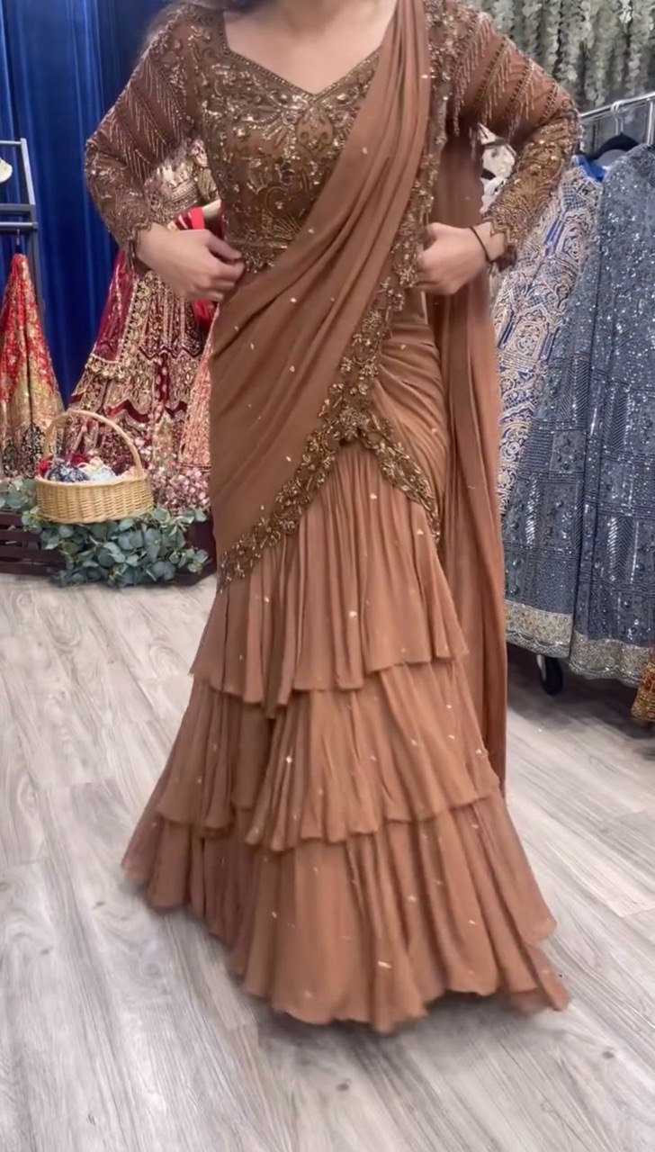 Brown Ready-to-Wear Faux Georgette Lehenga Saree Set with Embroidered Choli – Trendy & Elegant ClothsVilla
