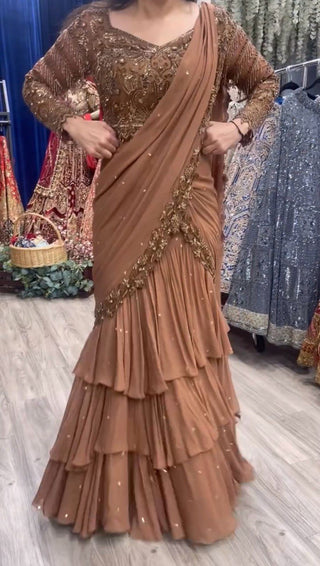 Brown Ready-to-Wear Faux Georgette Lehenga Saree Set with Embroidered Choli – Trendy & Elegant ClothsVilla