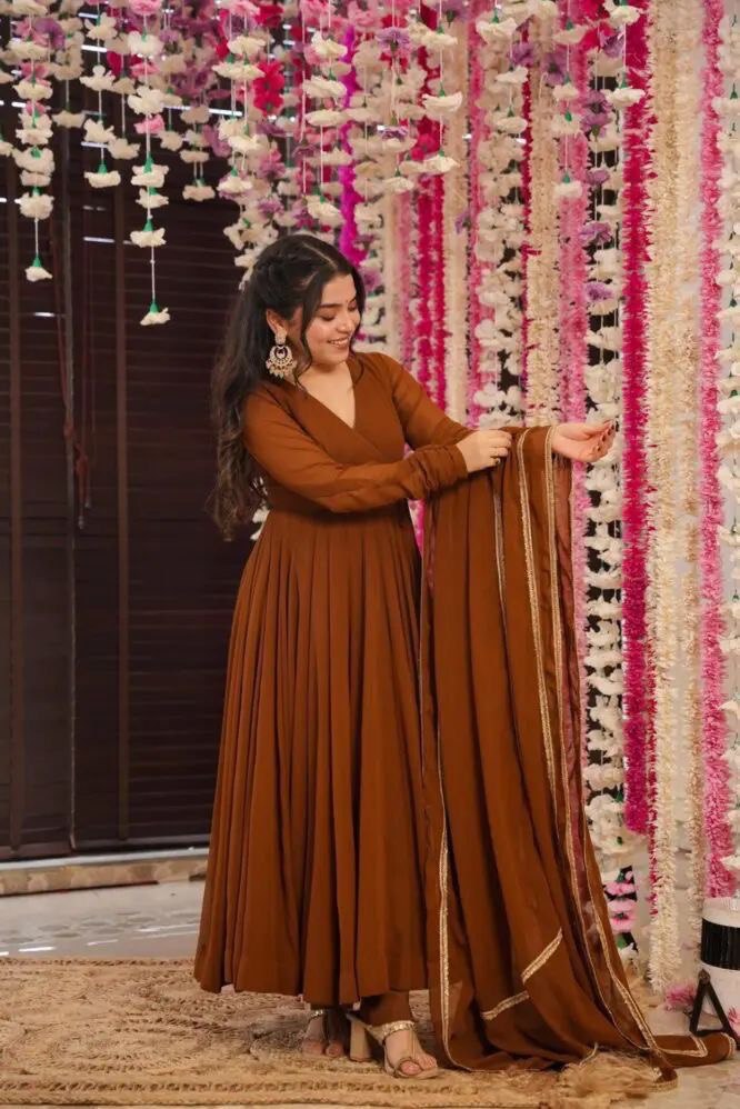 Brown Ri8 Fashion Exclusive Georgette Anarkali Suit - Elegance Meets Modern Touch ClothsVilla