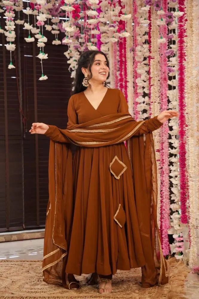 Brown Ri8 Fashion Exclusive Georgette Anarkali Suit - Elegance Meets Modern Touch ClothsVilla