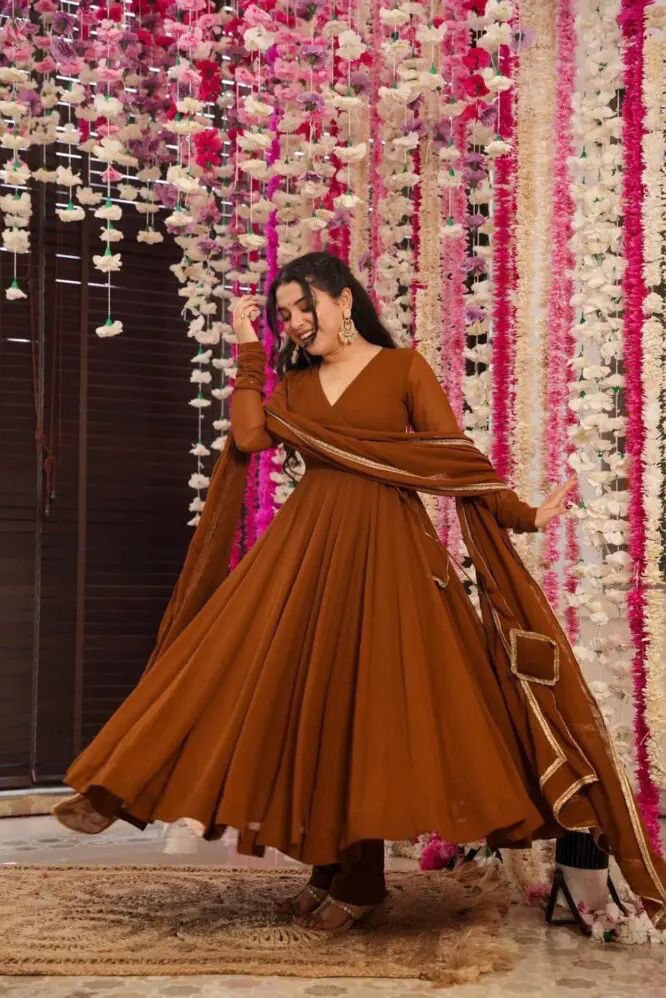 Brown Ri8 Fashion Exclusive Georgette Anarkali Suit - Elegance Meets Modern Touch ClothsVilla