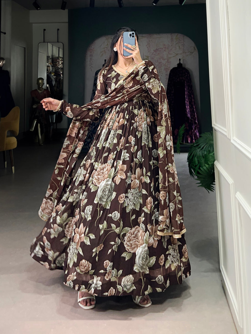 Brown Sculpted Beauty Floral Print Marbel Gown with Lace Touch-Up Dupatta