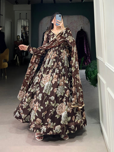 Brown Sculpted Beauty Floral Print Marbel Gown with Lace Touch-Up Dupatta