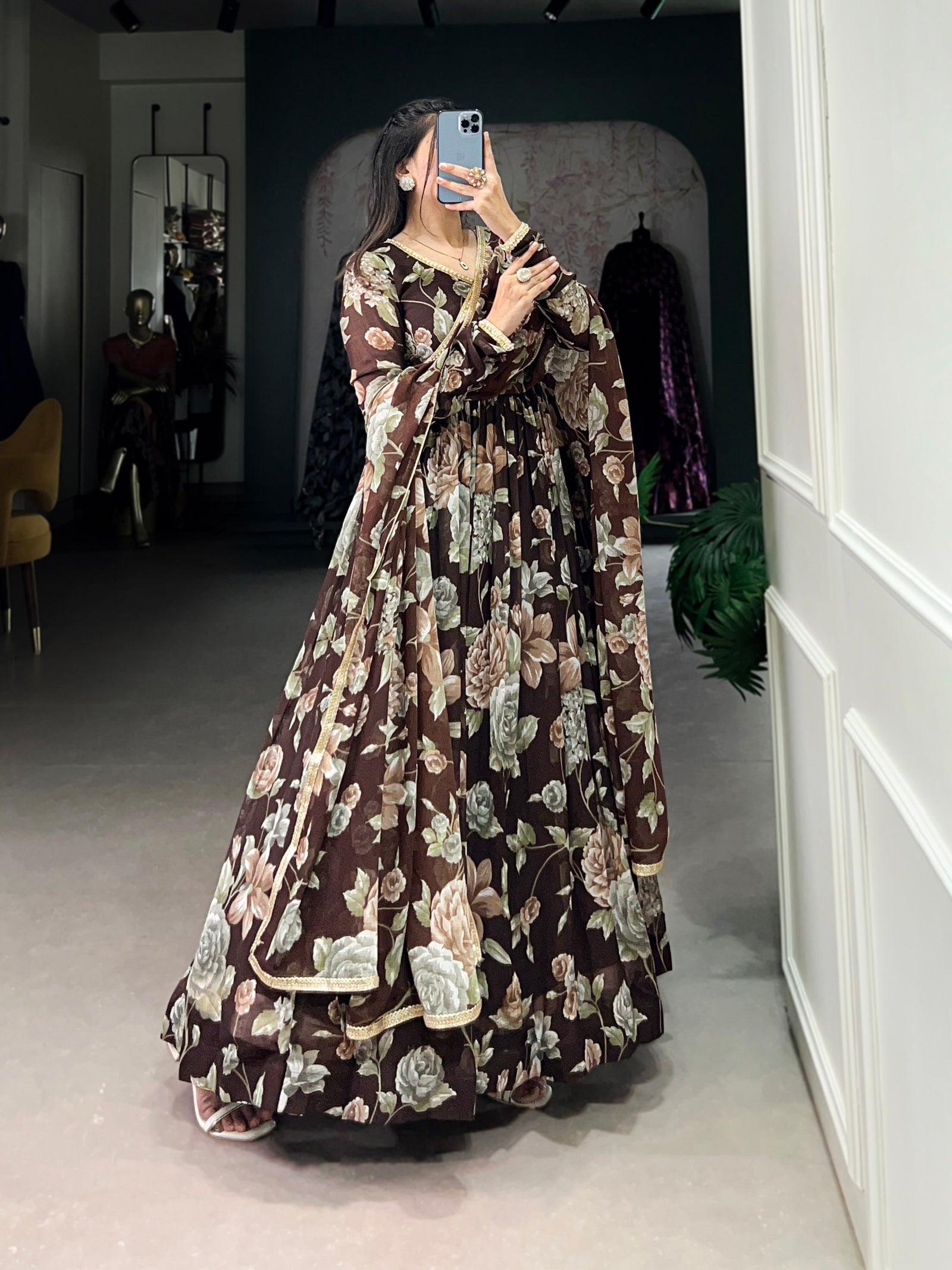 Brown Sculpted Beauty Floral Print Marbel Gown with Lace Touch-Up Dupatta