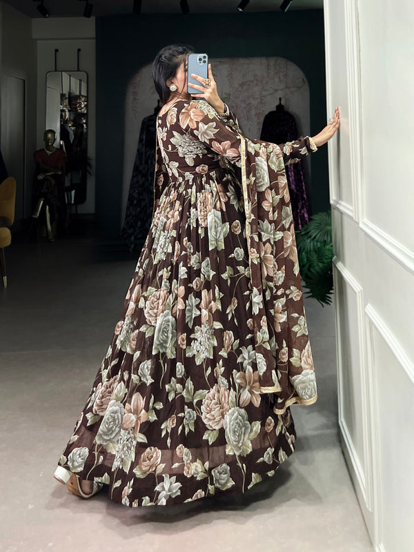 Brown Sculpted Beauty Floral Print Marbel Gown with Lace Touch-Up Dupatta
