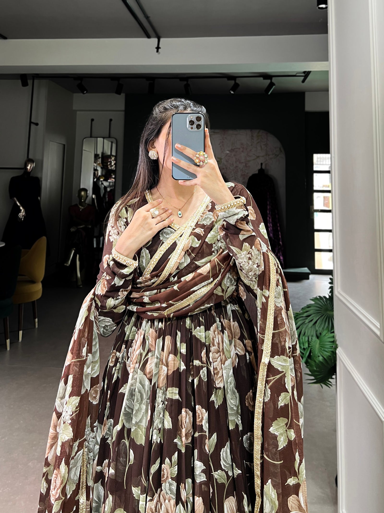 Brown Sculpted Beauty Floral Print Marbel Gown with Lace Touch-Up Dupatta