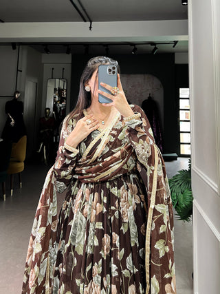 Brown Sculpted Beauty Floral Print Marbel Gown with Lace Touch-Up Dupatta
