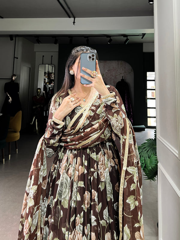 Brown Sculpted Beauty Floral Print Marbel Gown with Lace Touch-Up Dupatta