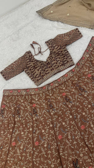 Brown Silk Dori & Thread Work Lehenga set ClothsVilla