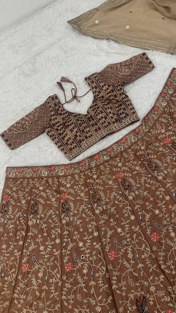 Brown Silk Dori & Thread Work Lehenga set ClothsVilla