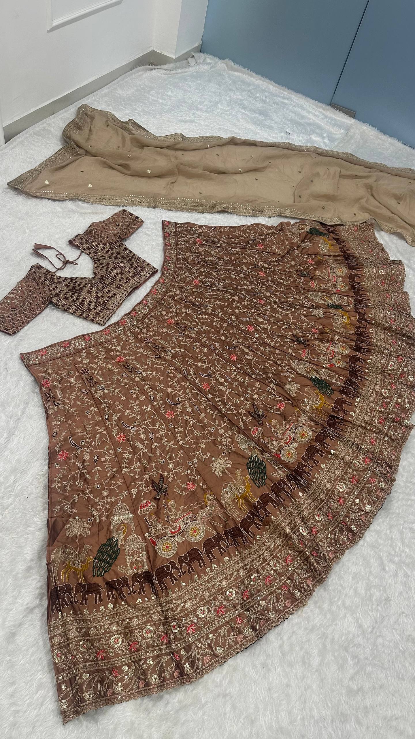 Brown Silk Dori & Thread Work Lehenga set ClothsVilla