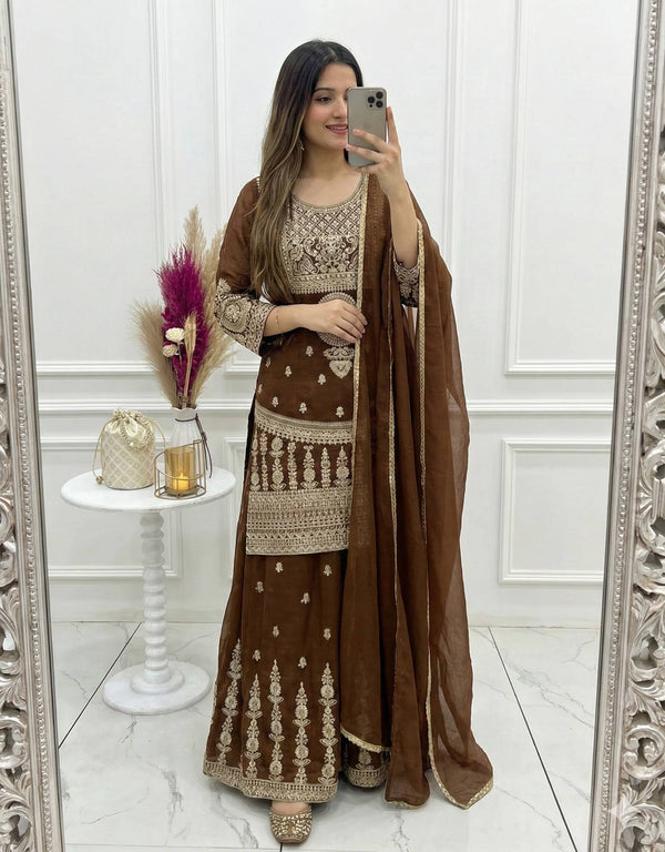 Brown Silk Embroidered Sharara Suit ClothsVilla