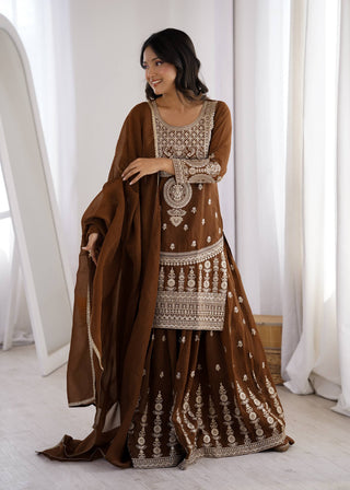 Brown Silk Embroidered Sharara Suit ClothsVilla