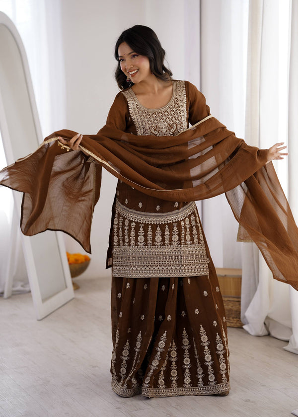 Brown Silk Embroidered Sharara Suit ClothsVilla
