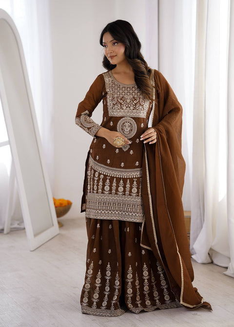 Brown Silk Embroidered Sharara Suit ClothsVilla Main image