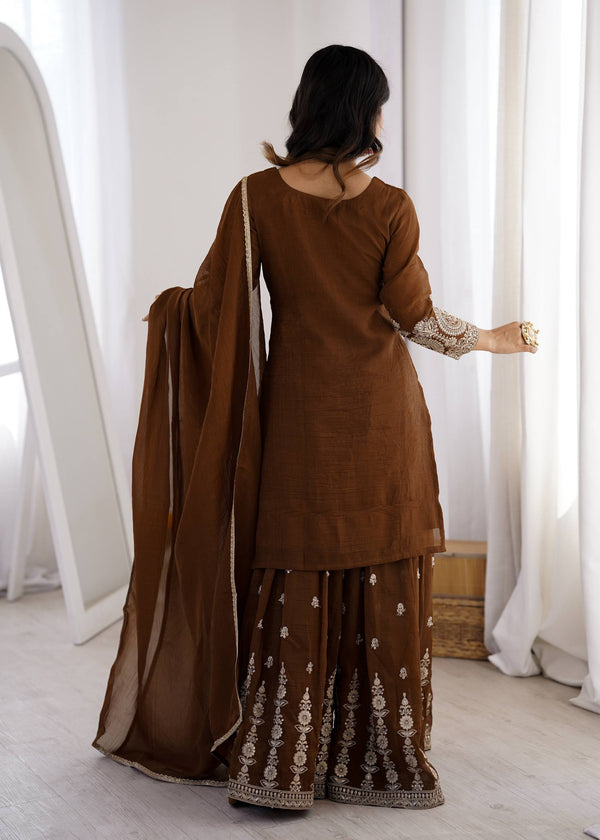 Brown Silk Embroidered Sharara Suit ClothsVilla