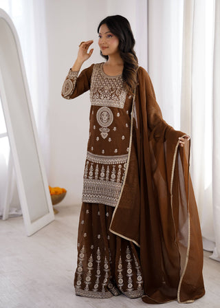 Brown Silk Embroidered Sharara Suit ClothsVilla