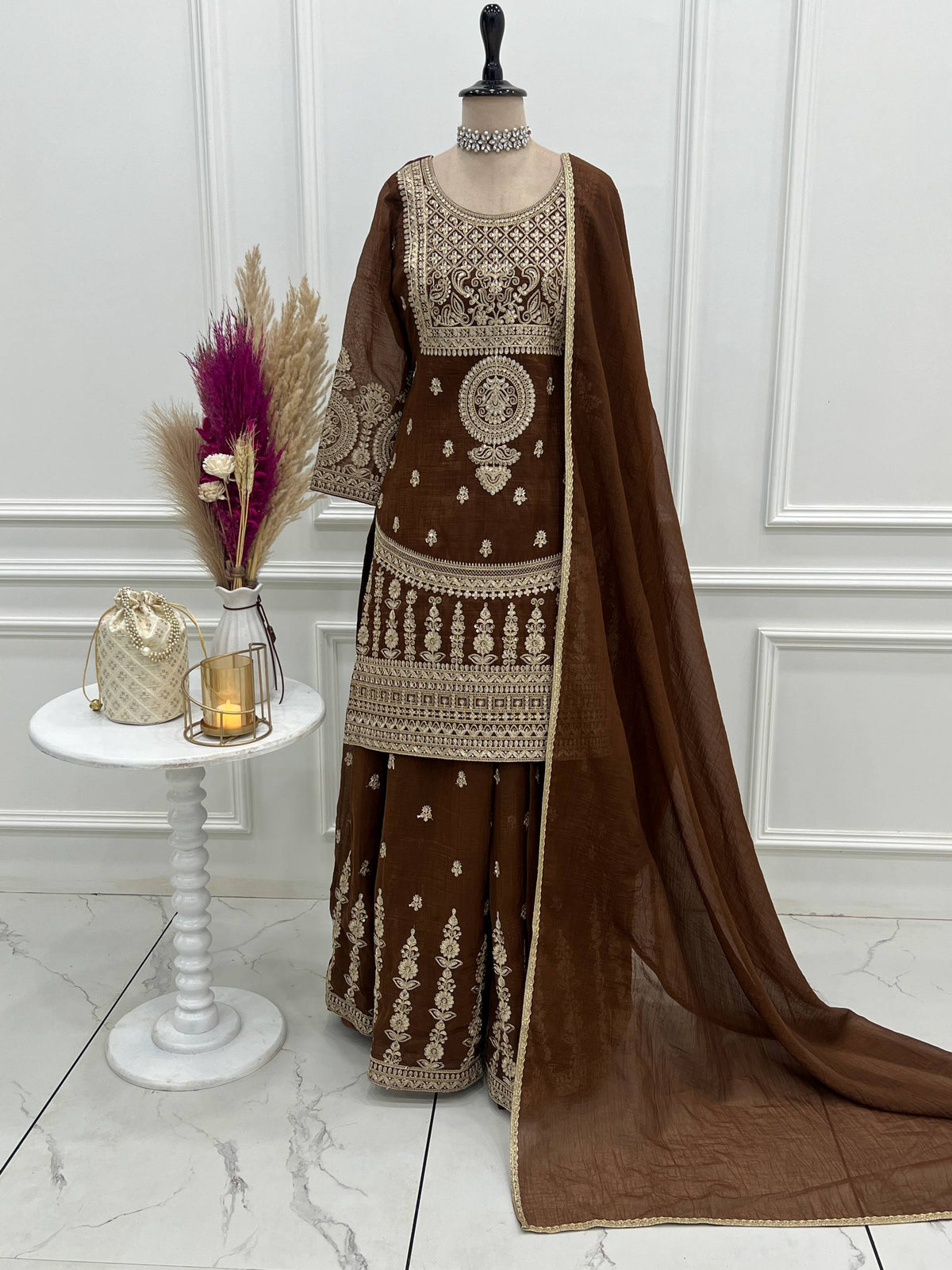 Brown Silk Embroidered Sharara Suit ClothsVilla