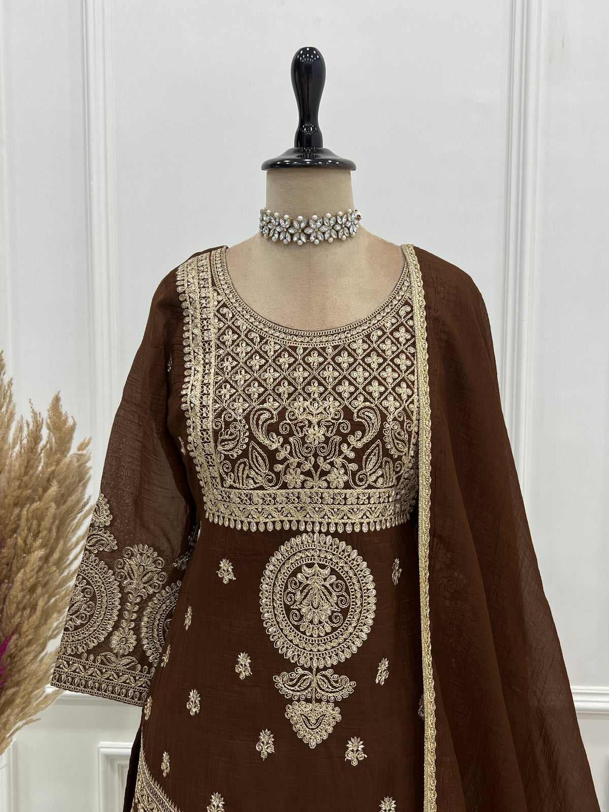 Brown Silk Embroidered Sharara Suit ClothsVilla